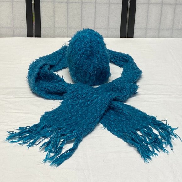 a.n.a Accessories - ANA Turquoise Knit Beanie & Fringed Scarf Set Nubby Fuzzy Winter 2 Pc Cozy Chic